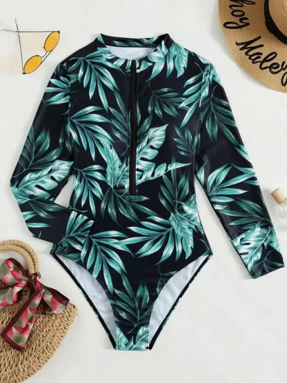 Leafy Print One Piece Swimsuit - Image 3