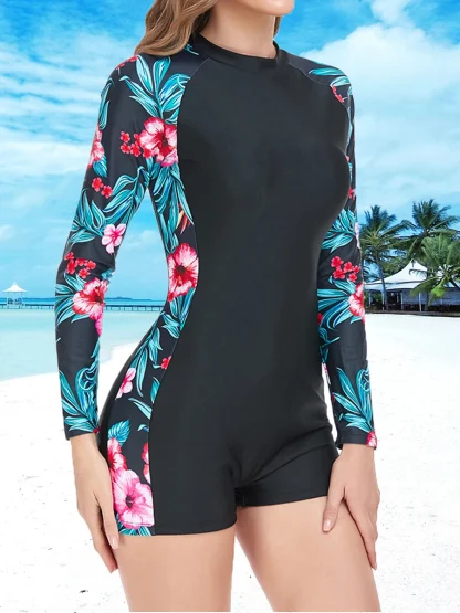 Tropical Print Zipper One Piece Swimsuit