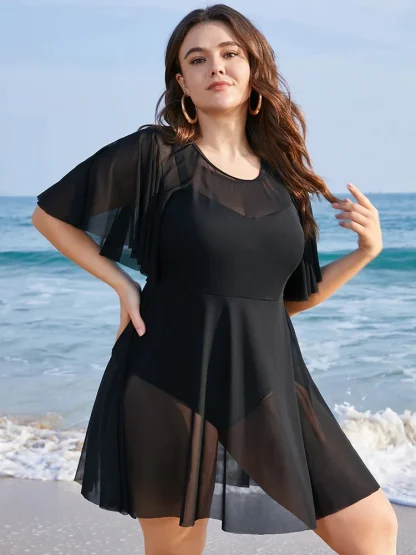 Ruffle Sleeve Mesh One Piece Swimsuit