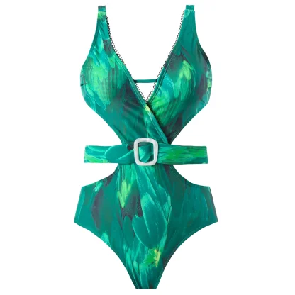 Belted One Piece Swimsuit with Skirt - Image 5