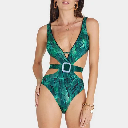 Belted One Piece Swimsuit with Skirt - Image 2