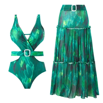 Belted One Piece Swimsuit with Skirt