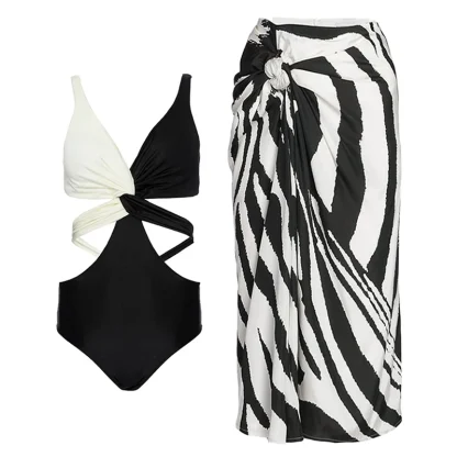 Colorblock V Neck One Piece Swimsuit - Image 3