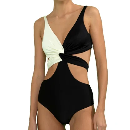 Colorblock V Neck One Piece Swimsuit - Image 4