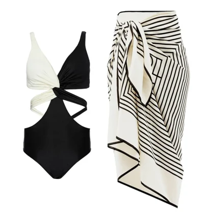 Colorblock V Neck One Piece Swimsuit - Image 2