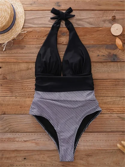 Halter Stripe One Piece Swimsuit - Image 5