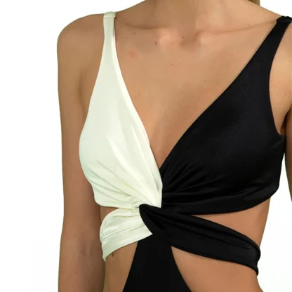 Colorblock V Neck One Piece Swimsuit - Image 6