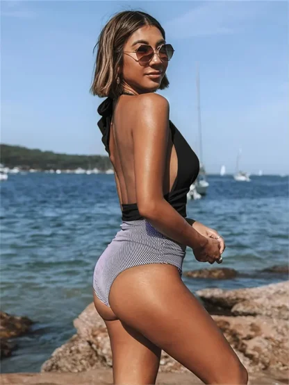 Halter Stripe One Piece Swimsuit - Image 3