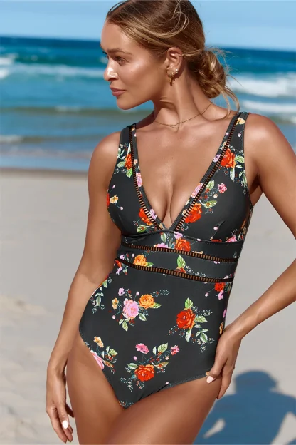 Deep V-Neck Floral One-Piece Swimsuit - Image 4